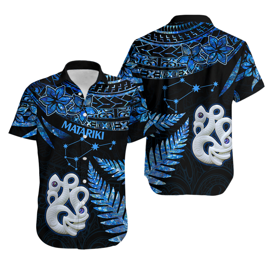 Matching Outfits For Couples Maori Couples Long Dress and Hawaiian Shirt Matariki Stars Manaia with Paua Shell - Blue LT9 - Polynesian Pride