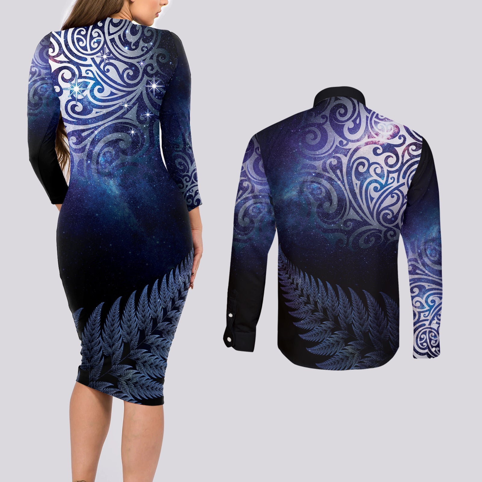 New Zealand Aotearoa Matariki Couples Matching Long Sleeve Bodycon Dress and Long Sleeve Button Shirt Starry Silver Fern