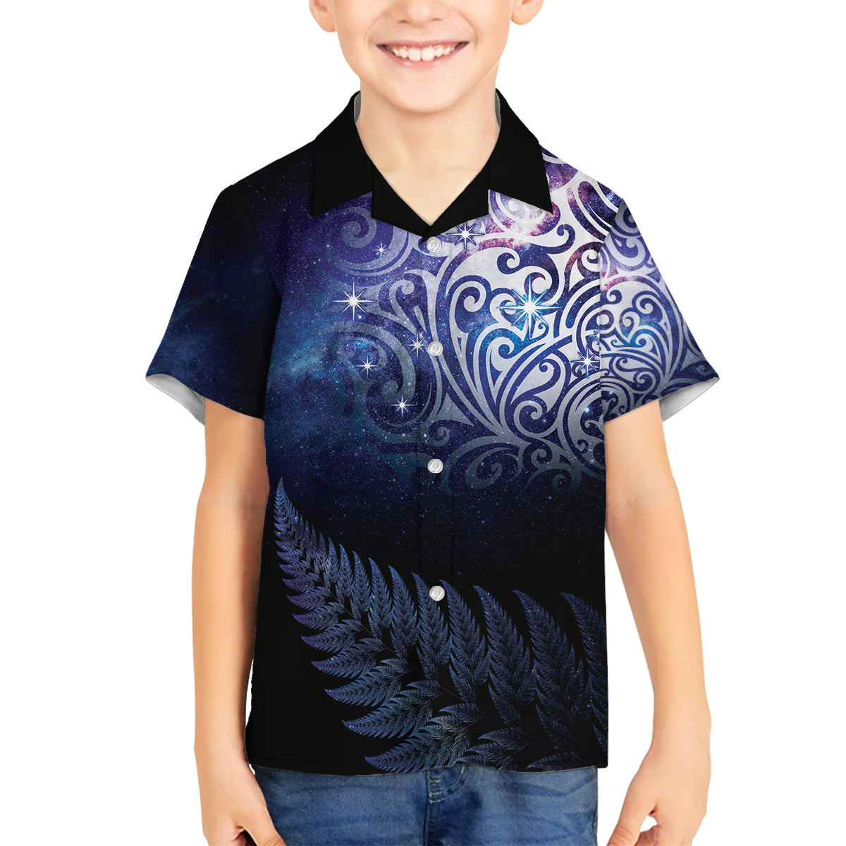 New Zealand Aotearoa Matariki Family Matching Off Shoulder Maxi Dress and Hawaiian Shirt Starry Silver Fern