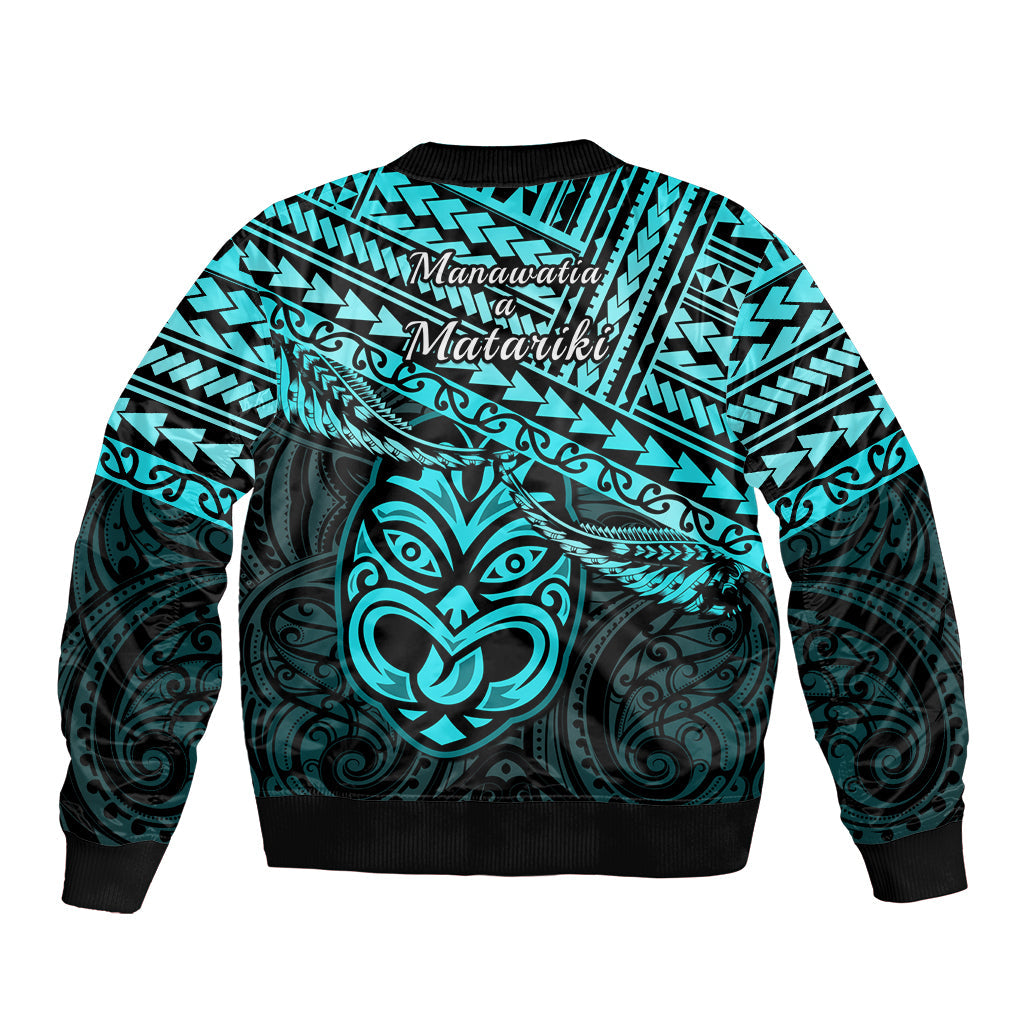 Matariki New Zealand Sleeve Zip Bomber Jacket Maori New Year Tiki Turquoise Version LT14